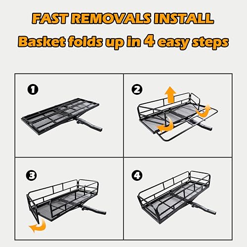 Image of fouwick 60 inch x 24 inch x 13 inch Hitch Cargo Carrier, 600 Lbs Heavy Duty Folding Luggage Rack for SUV & Truck, Steel Mesh Cargo Carrier Hitch Mount Fits 2 inch Receiver, Powder Coated Vehicle Cargo Basket