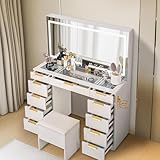 Pamapic 11 Drawers Vanity Desk with Golden Handles, Upgraded Silent Slides Vanity Mirror with Lights, 3 Lighting Modes Glass Top Makeup Vanity with Chair and Portable Mirror, Charging Station