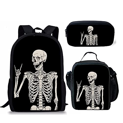 Beginterest Funny Skull Print Backpack Lunch Box Pencil Case 3 Pcs Hippie Skeleton School Backpack Set Durable Lightweight Bookbag