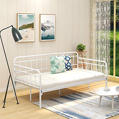 Multi-Purpose Metal Daybed Frame Heavy Duty Steel Slats Sofa Bed Platform Mattress Foundation Economic Day Bed White Sanded Color Twin Size - Thumbnail 2