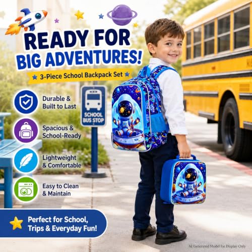 Image of 3Pcs Space Backpack for Boys, School Astronaut Bookbag with Lunch Box, 16 inch Kids Backpacks for Elementary Preschool Kindergarten (Blue)