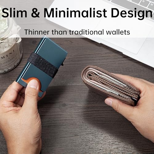 Image of Card Holder Wallets for Men | Slim Aluminum Wallet | RFID Blocking Minimalist Metal Pop Up Wallet | Money Clip & Cash Band | Expandable Compact Plate | Men's Accessories & Gifts for Men,Navy