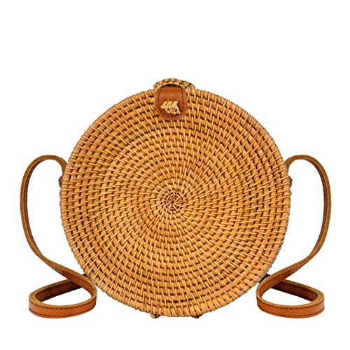 Rattan Bags with Genuine Leather | Woven Straw Crossbody Wicker Purse for Women (7 inch Circle) (Small)