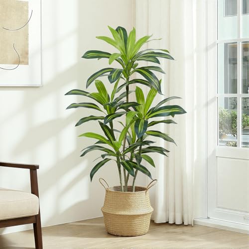 Image of Dracaena Plant Artificial Tree 4Ft Tall Fake Tropical Floor Plants Potted (Real Touch) Artificial Silk Tree Leaf Faux Trees Black Tall Planter for Home Office Living Room Indoor Outdoor Decor