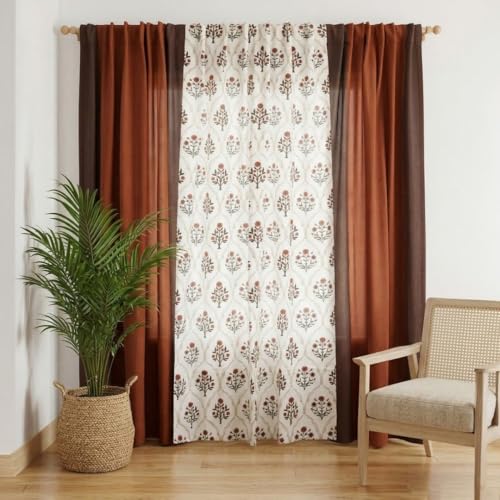 Image of Peepul Tree Pure Cotton Curtain Set of 2 Handwoven and 1 Printed Curtain| Rust and Maroon | 7 ft | Set of 3 | Royal Courtyards Collection