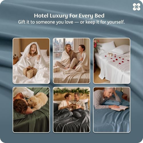 Image of Bedsure PureWoven 100% Giza Egyptian Cotton Queen Sheet, CEA & BV Certified | 18 inch Deep Pocket Sateen Sheet with Corner Straps, Durable & All-Season Breathable, Hotel Luxury, Oeko-Tex, Giftable,Dusty Blue