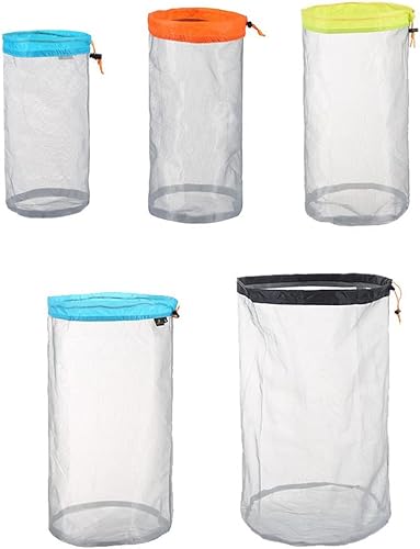 YDYJKI 5 bolsas de malla de nailon ultraligeras para dormir, bolsas de almacenamiento con cordón para viajes, senderismo, campamento, juego de 5