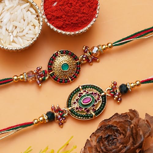 Image of eCraftIndia Set of 2 Beautiful Designer Rakhis, Best Bro Ever Fridge Magnet with Roli Chawal Pack - Rakhis for Brother, Bhabhi, Kids