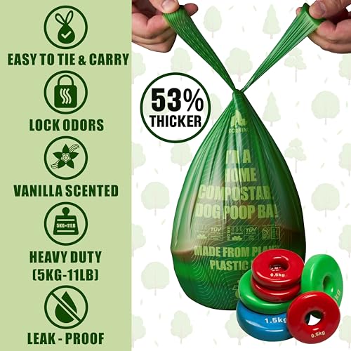 Image of Ultra Thick & Deep RockRhino Dog Poop Bags for Large & XL Breeds | 4-Layer Interlocked Bottom | 100% Home Compostable, 0% Plastic | Vanilla-Scented | 60 Bags, Easy Open Tie Handles, Not for Scooper