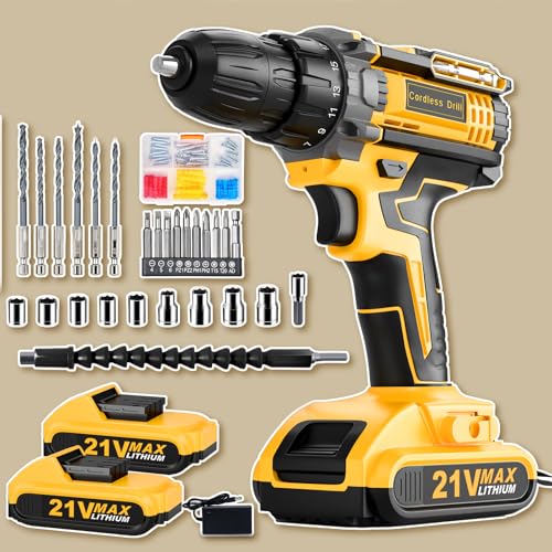 Cordless Drill, 21V Power Drill with Dual 2.0Ah Power Pack and Charger, Power Electric Battery Drills Set, 3/8' Chuck, 25+1 Torque, Compact Drills with 90 Accessories Tool for DIY, Home Repair & Gift