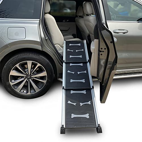 KATSU Tools Hunderampe Auto Klappbar, 70kg/150lbs Tragfähigkeit, 71cm-156cm Aluminiumlegierung Tragbar Faltbar Leichte Anti-Rutsch Oberfläche Teleskopische Hunderampe für Haustiere