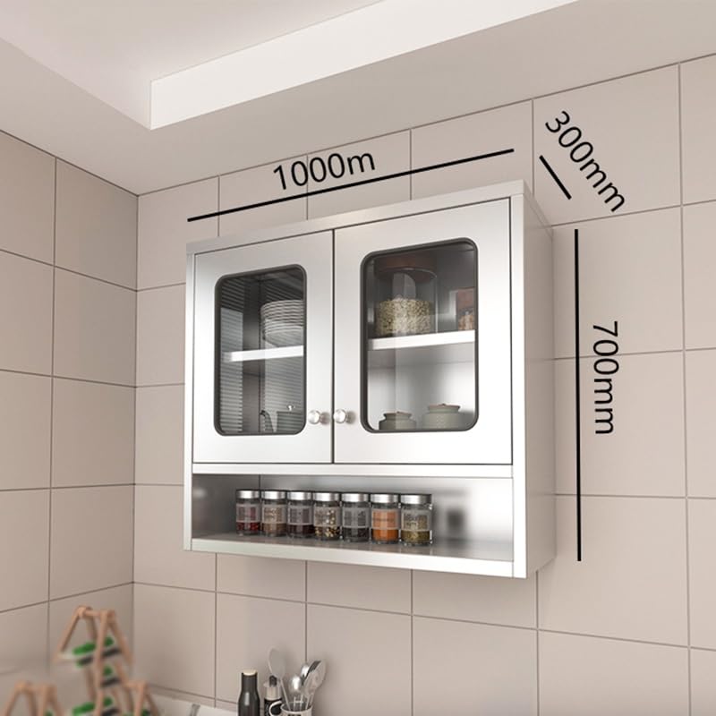Armadio a muro in acciaio inox con ante doppie e ripiani regolabili per soggiorno e bagno (argento, 100 x 30 x 70 cm)
