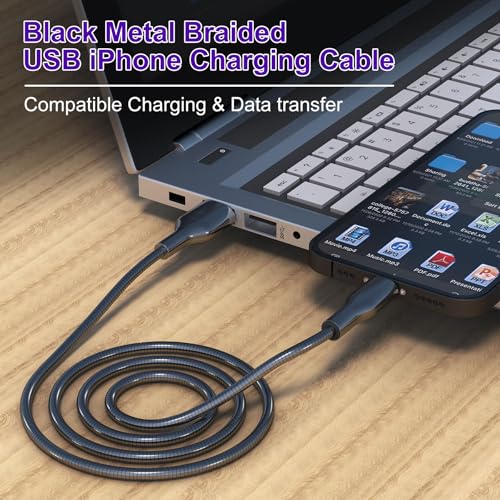 Image of 6FT Chew Proof iPhone Charger Cord - MFi Certified Metal Braided Lightning Cable, Metal Cat & Dog Proof iPhone Charging Cord with 3A Fast Charging for iPhone 14 13 12 11 X XS XR 8 7 6 5