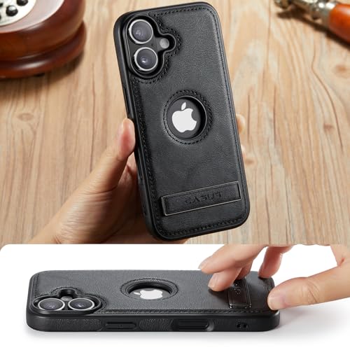 Image of Casus for iPhone 17 Case with MagSafe, Slim Kickstand Vegan Leather Protective Cover with Tempered Glass Screen Protector, 6.3 Inch (2025), Black