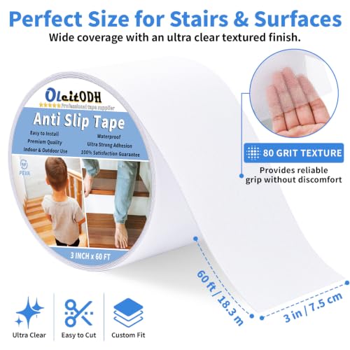 Image of Oleitodh Clear Non-Slip Tape, 3In x 60Ft, Transparent Safety Grip | Non Slip Traction Tape for Stairs, Wet Surfaces, Bathroom Entry, Boat, Outdoor Steps. Invisible, Comfortable Barefoot Texture