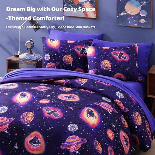 Full Size Comforter Set for Boys-7 Pieces Space Rocket Full Bedding Sets for Kids, Ultra Soft Bed in A Bag with Sheets