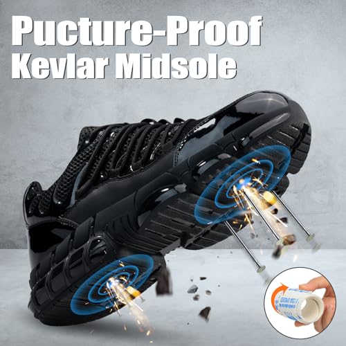Image of Steel Toe Shoes for Men Lightweight Work Shoes Mens Breathable Puncture Proof Work Sneakers with Air Cushion Industrial Safety Construction Shoe for Men Glossy Black