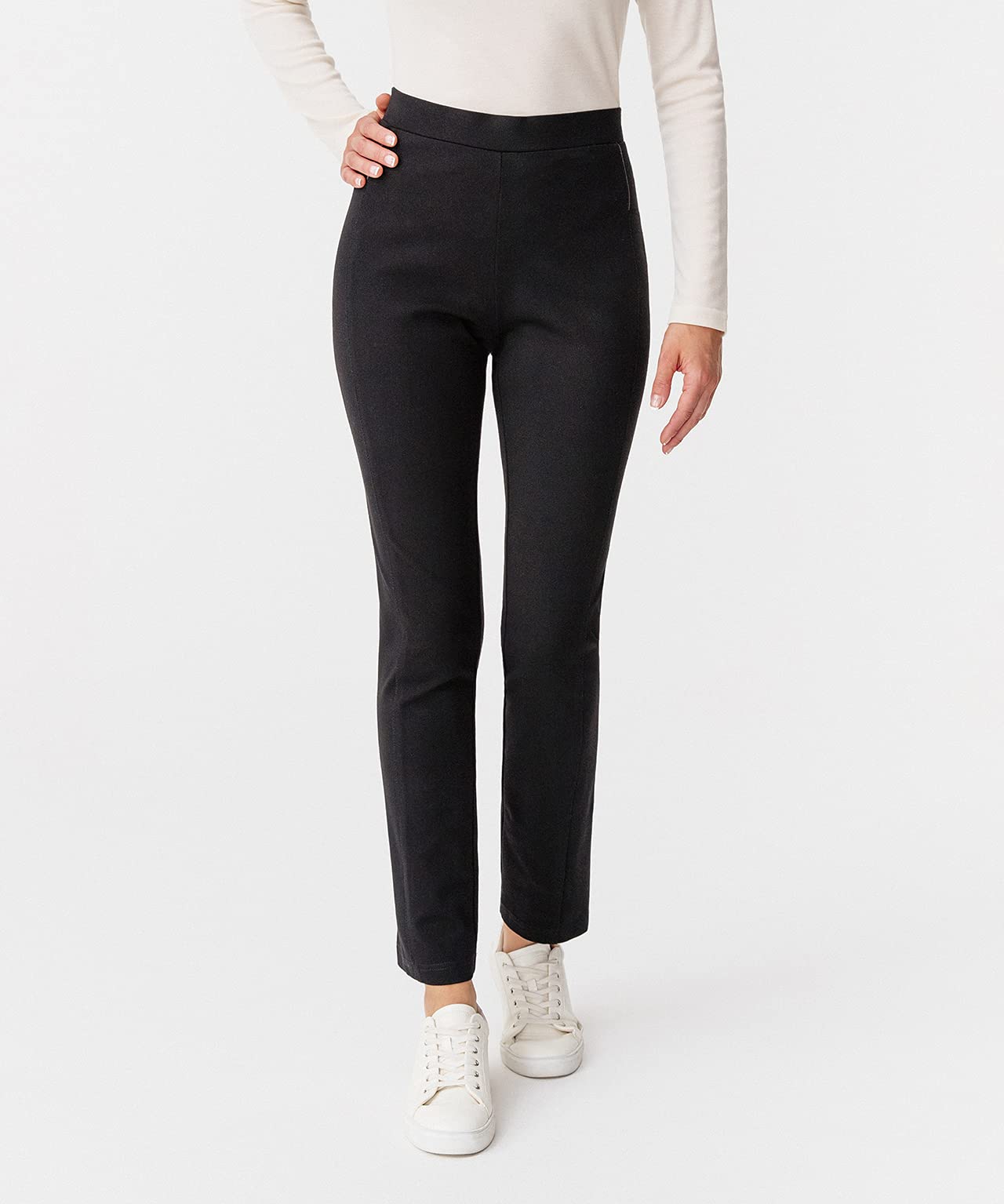 Damart - Pantalon Pull-On pour Femme, Maille Milano Stretch - Biais Faux Cuir, Taille Elastiquée - Lavable en Machine