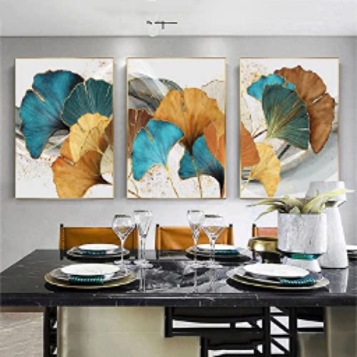 Toile peinture abstraite feuille bleu vert or deco murale salon 40x60cm