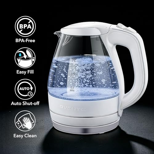 Image of OVENTE Electric Kettle, 1.5L Borosilicate Glass Countertop Water Heater and Boiler for Coffee or Tea, BPA-Free, Auto Shut-Off, Boil-Dry Protection, Removable and Washable Spout Filter, White KG83W