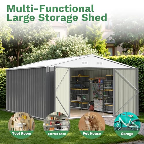 Image of Patiowell 10x14 FT Outdoor Storage Shed, Large Metal Garden Shed with Lockable Door and Sloping Roof, Outside Steel Utility Tool Sheds for Backyard Lawn Garden Patio, Grey