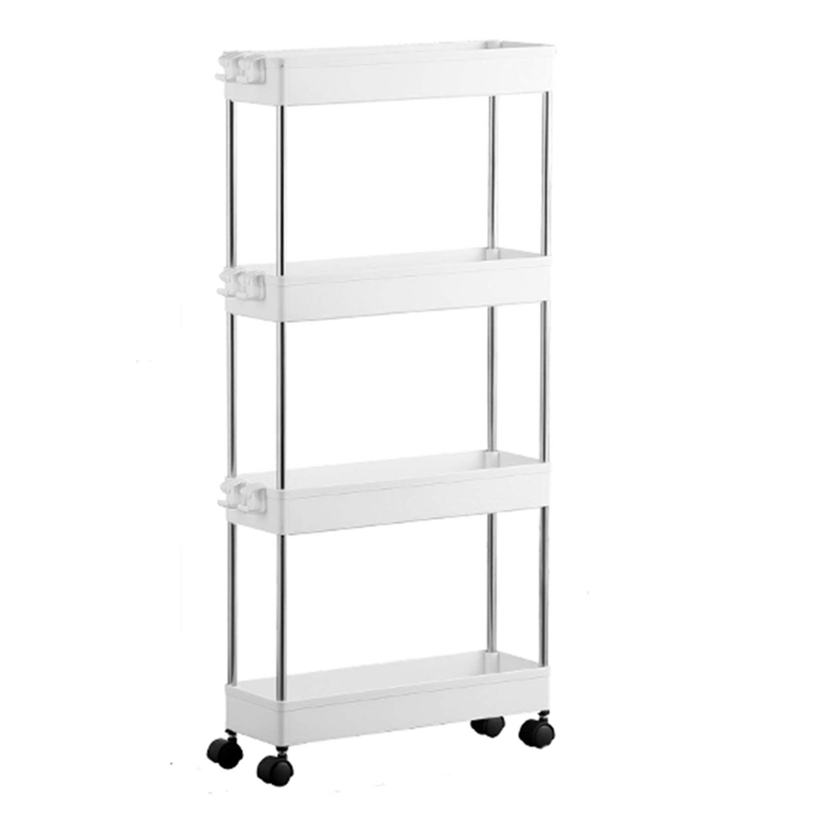4 Tier Slim Storage Cart Mobile Shelving Unit Organizer Slide Out Storage Rolling Utility Cart Tower Rack for Kitchen Bathroom Laundry Narrow Places, Plastic & Stainless Steel (White)