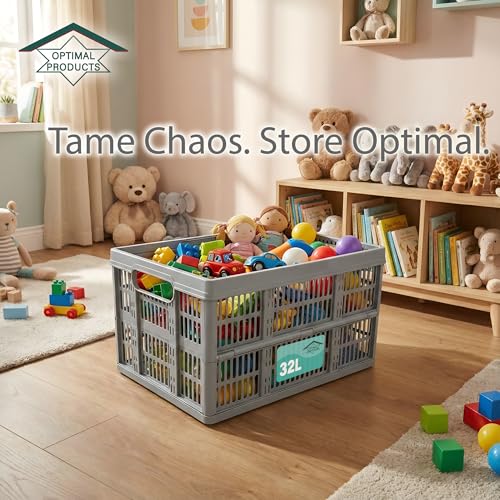 Optimal Products Strong Folding Collapsible Plastic Storage Crates Boxes Stackable Basket 32L (PACK OF 3) - Image 3