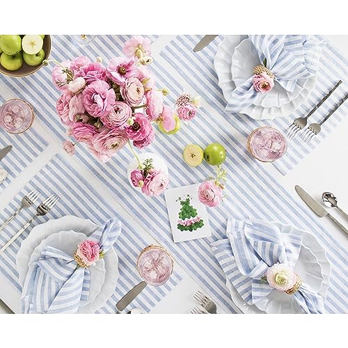 Solino Home Linen Table Runner 48 Inches - Amalfi Stripe 100% Pure Linen Sky Blue and White Table Runner 14 x 48 Inch Ideal for Dresser and Coffee Tables - Spring, Summer by Solino Home - Image 3
