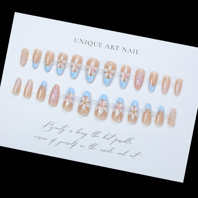 Flower Press On Nails Medium Square Gold Pearl Star Nude Pink_voghion.com