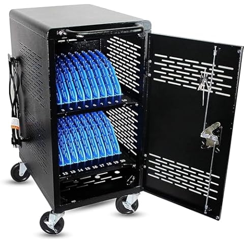 POCHAR 20 Device Mobile Charging and Storage Cart for iPads, Chromebooks and Laptop Computers, Up to 14-Inch Screen Size, Surge Protection, Front & Back Access Locking Cabinet, Assembly Required Cover