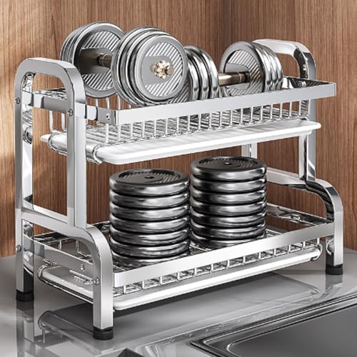Escurridor de platos doble con bandeja deslizante para organizar vajilla y cubiertos