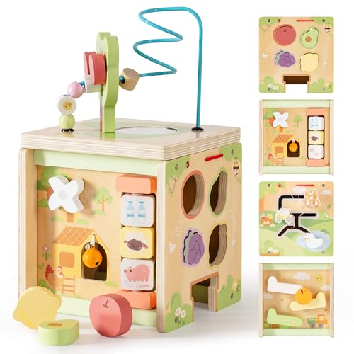 Image of ROBOTIME Wooden Activity Cube with Bear Orchard Theme, 9-in-1 Montessori Toys for 12M+ Boys & Girls, Educational Learning Toys for Toddlers Age 1-3, 1st Birthday Gift