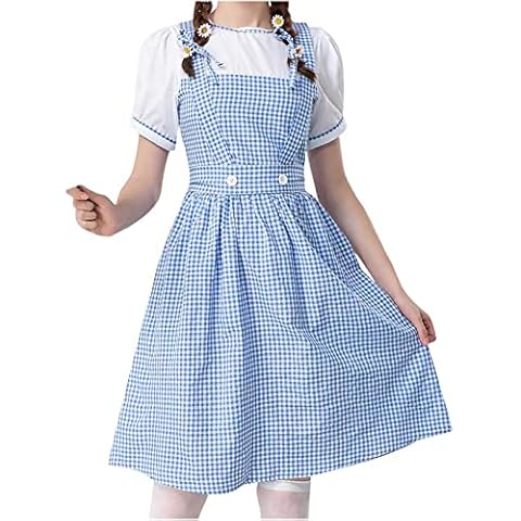 beetleNew Girls Vintage Gingham Dress Halloween Cosplay Costumes Props Little Cutie Maid Short Sleeve Classic Plaid Check Dresses Halloween Carnival Costumes 2022 Blue Cover