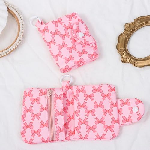 Bow Print Pink Coin Purses Canvas Small Zipper Cash Wallet Large Capacity Card Holder Girls Casual S4