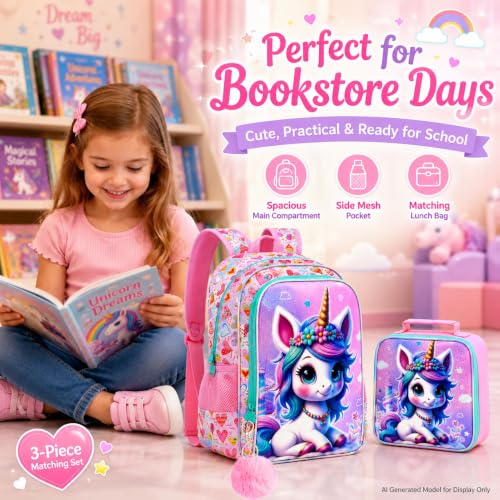 Image of WZLVO 3PCS Kids Backpack for Girls, Unicorn Dinosaur Animal Prechool Elementary Kindergarten School Bookbag with Lunch Box