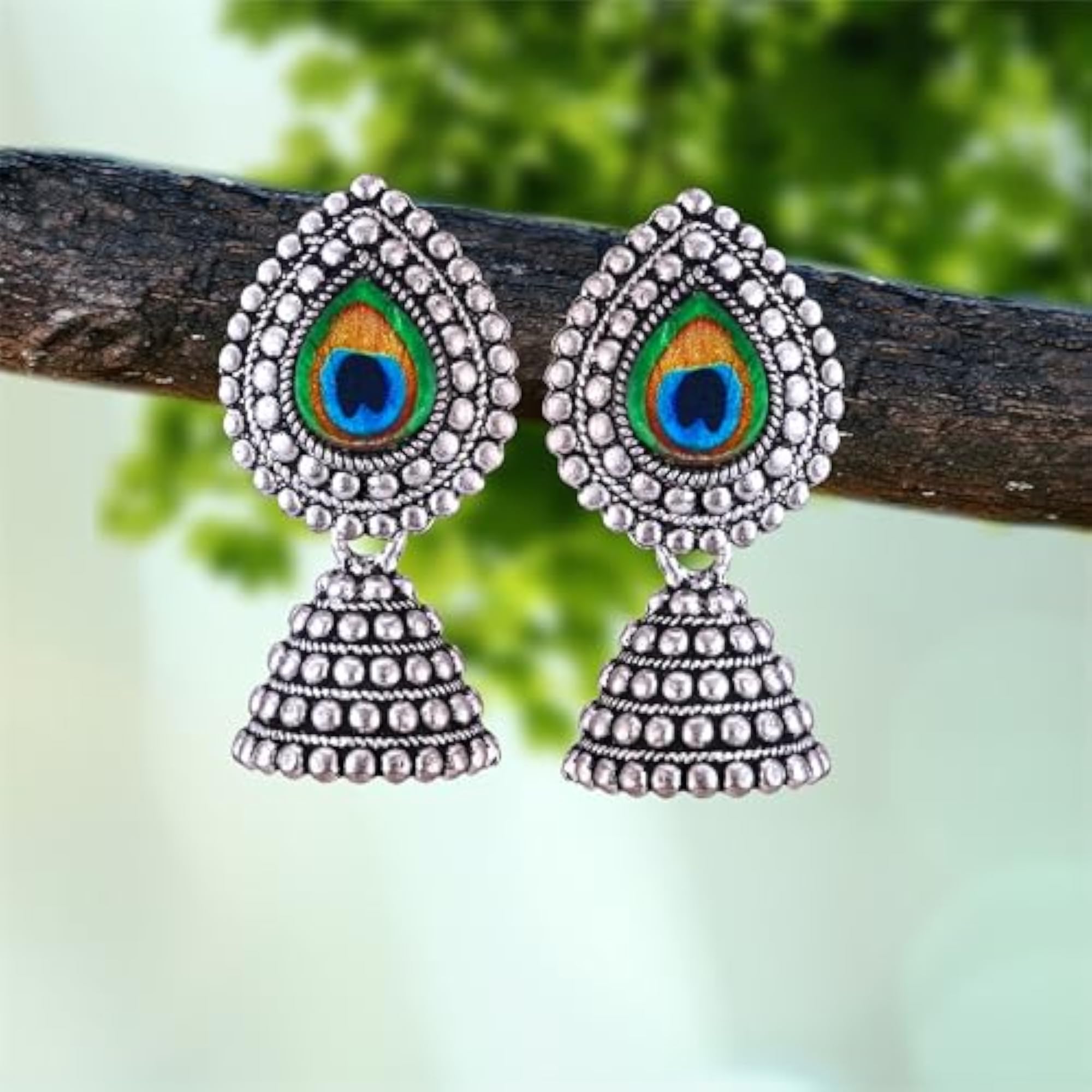 Women's Oxidised Silver Stylish Jhumka Earrings with Pearl Accents