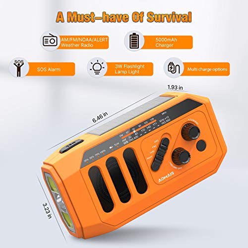 AOMAIS Emergency Radio, 5000mAh Hand Crank Solar Weather Radio, NOAA/AM/FM Portable Radio with LED Flashlight&Reading Lamp, USB Cell Phone Power Charger, SOS Alarm for Home, Camping&Survival
