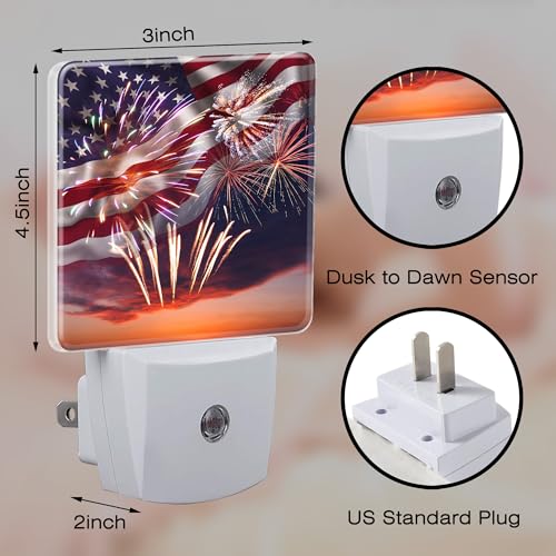 Image of America Flag with Fireworks Night Light Plug into Wall,Retro The USA Flag Patriotic Dusk to Dawn Night Light,0.5w Energy Saving Sleep Friendly Nightlights for Kids Boys Girls Home