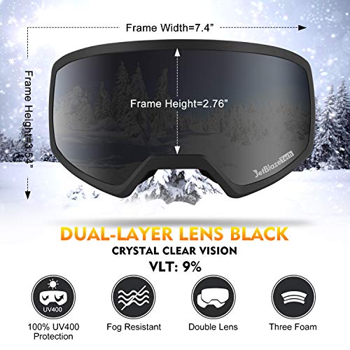 JetBlaze Ski Goggles, Dual Layers Lens Anti-Fog UV Protection Spherical Snowboard Goggles for Men Women Youth Adult (Black)