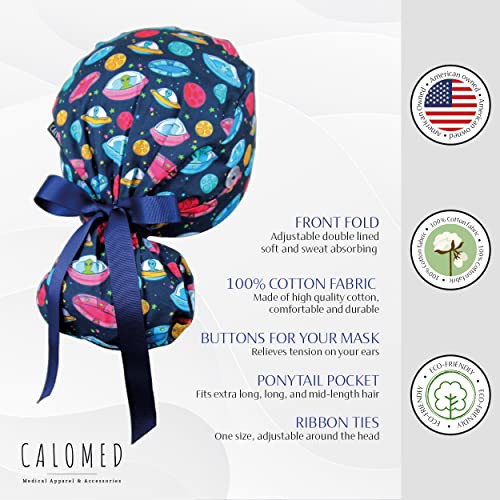 Image of Scrub Cap for Women and Men, Ponytail Scrub Caps, Working Hat, Head Cover with Ribbon Ties and Buttons, Long Hair