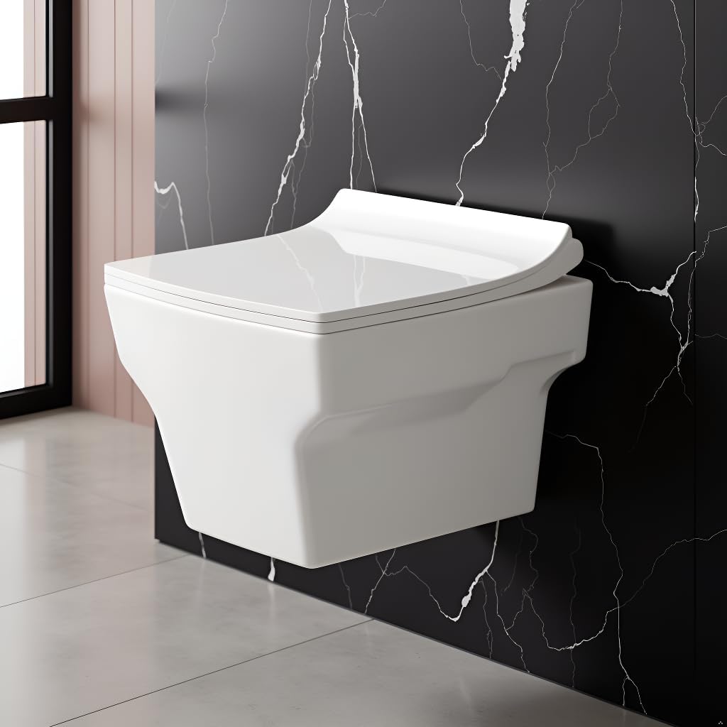 Commode for Toilet/Ceramic Western Toilet/Square Wall Hung Commode with Soft Closing Toilet Seat - P Trap Outlet - White