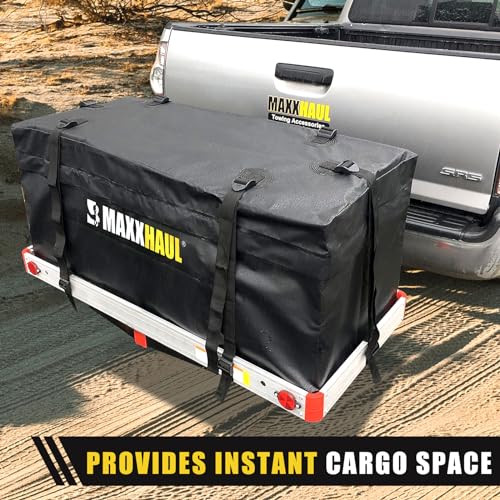 MaxxHaul 70209 Softshell-Gepäckträger für Anhängerkupplung, strapazierfähig und wasserabweisend, 119 x 50 x 50 cm, Schwarz mit Spanngurten