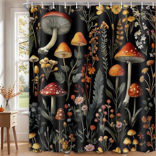 Vintage Floral Mushroom Cute Shower Curtain Retro Nature Plant Dark Boho Shower Curtain Set Cottagecore Botanical Flower Aesthetics Fabric Waterproof Restroom Decor Accessories with Hooks 72X72IN