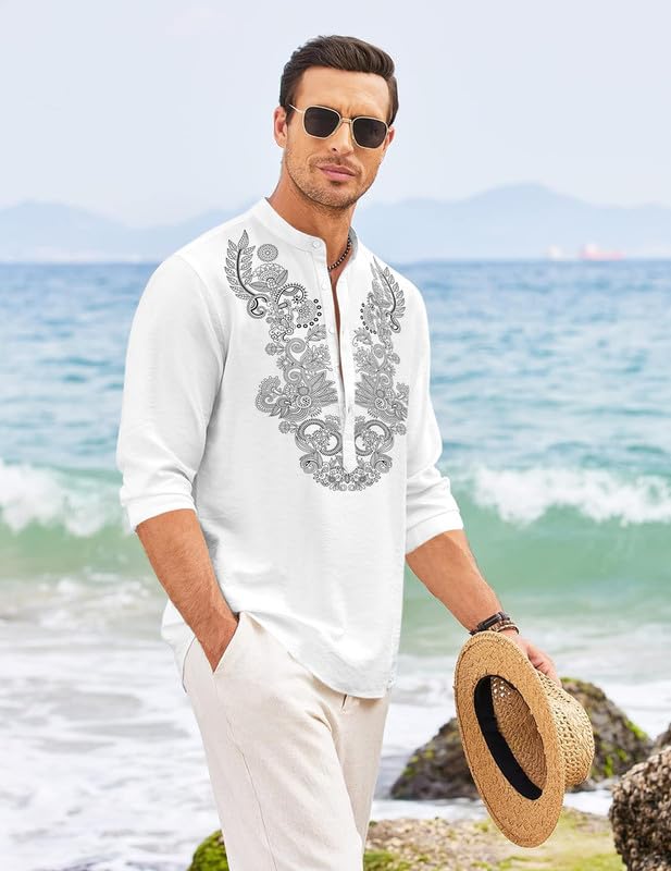 Image of FINIVO FASHION Men's Cotton Blend Short Kurta with Full Sleeves and Ethnic Neck Design | Casual Crinkle Texture Kurta with Mandarin Collar