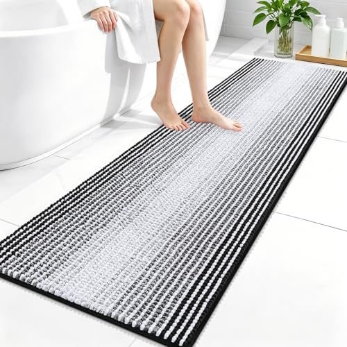 Image of OLANLY Bathroom Runner Rugs 59x20, Extra Soft Absorbent Chenille Striped Bath Rugs, Rubber Backing, Machine Wash Dry, Long Bath Mats for Bathroom, Tub, Shower, Home Decor Accessories, Black