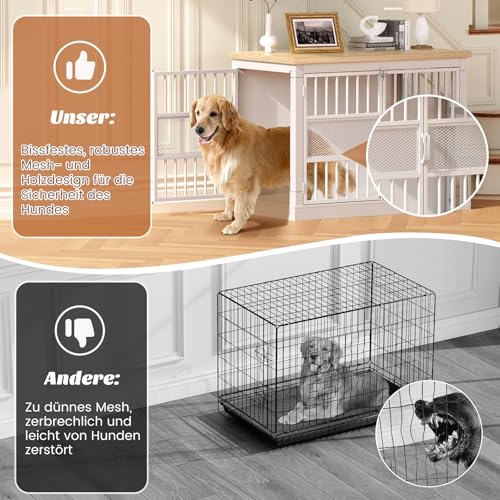 Hundekäfig Möbel, 104 cm Großer Hundebox für den Hausgebrauch, Modernes Indoor Holz-Hundekäfig, Doppel-Tür-Design, Bissfest, Geeignet für Kleine/Mittelgroße/Große Hunde, Weiß, 104x51x78 cm
