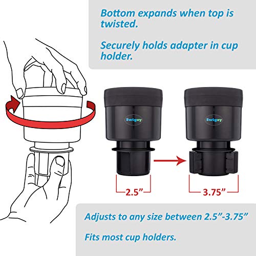 Swigzy Car Cup Holder Expander Adapter with Adjustable Base - Rubber Tabs Hold Most 32 - 40 oz Bottles and Large Cups
