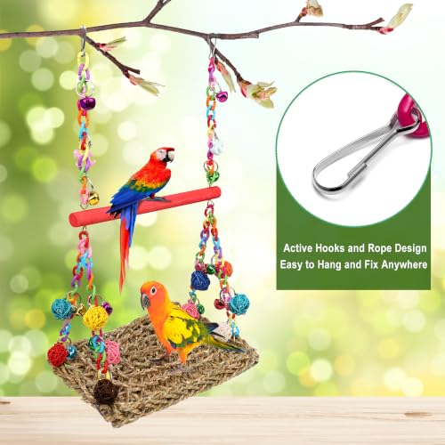 Image of Bird Swing Mat with Wood Perch, AHIER Seagrass Bird Hammock for Conures with Chewing Toy for Parakeets, Budgie, Cockatiel Cage Accessories (Rose-Pink Pole)