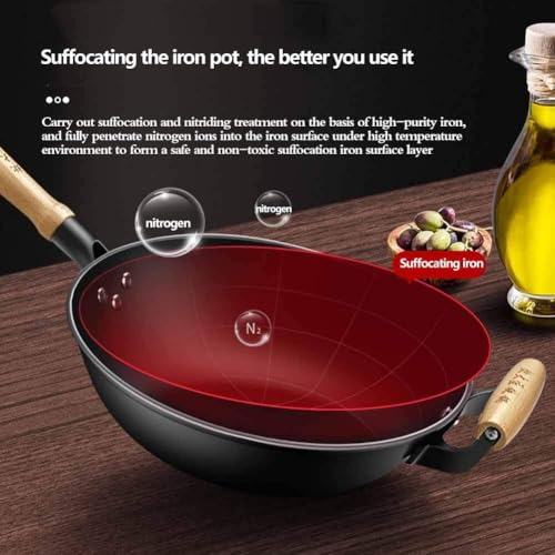 Wok de hierro fundido hecho a mano con mango de madera miniatura 3