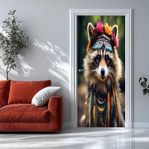 Pegatinas 3D para Puertas de Interior Panda rojo Estilo étnico Mural de Puerta Autoadhesivo, Extraíble, para Dormitorio, Sala de Estar, decoración del Hogar, 80 X 200 Cm